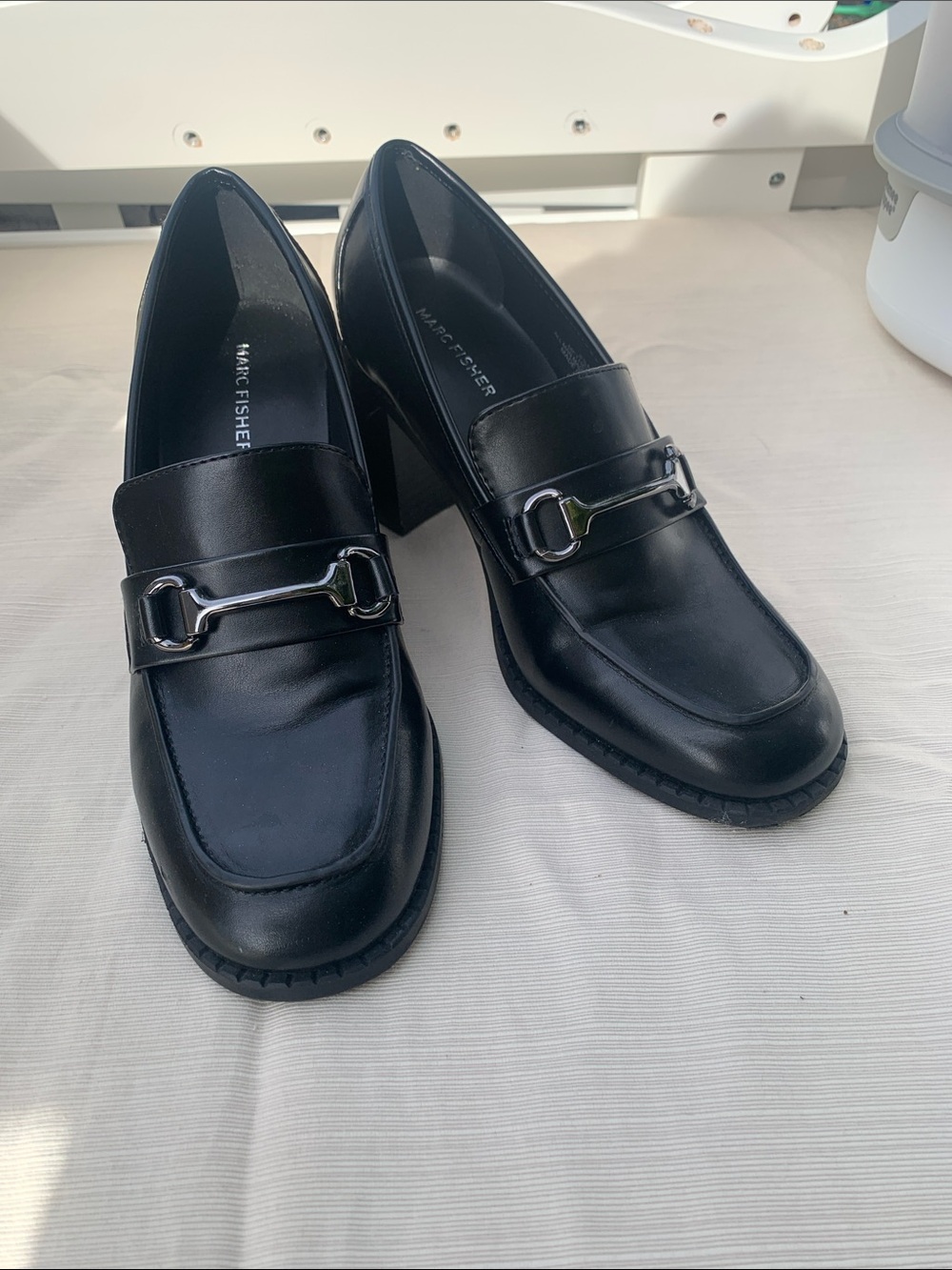 Marc Fisher Black Leather Chunky-Heel Loafers with Silver Bit